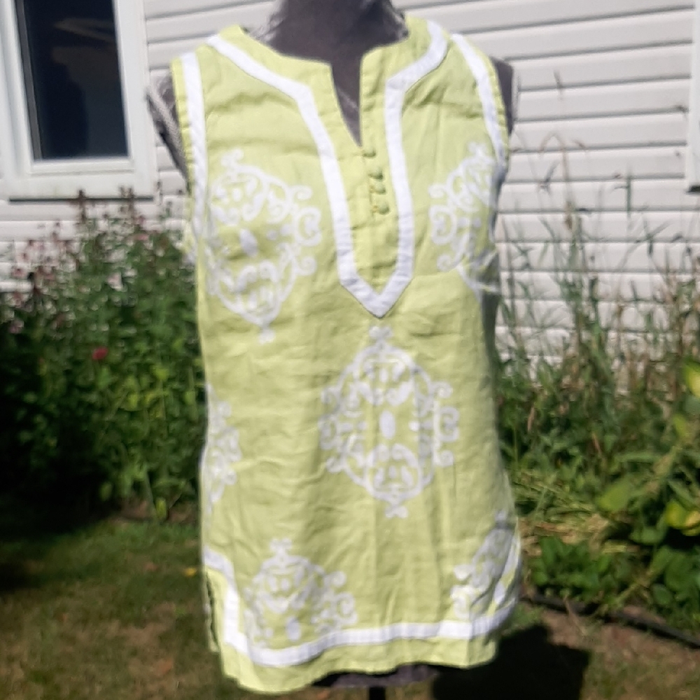 Beautiful LINEN Anne Carson Lime Green Sleeveless Tunic with Sewn White Delail